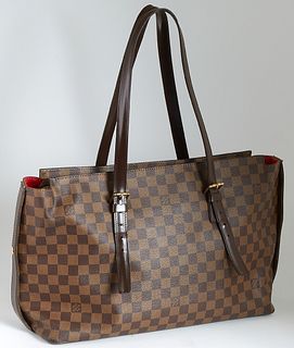 Louis Vuitton Brown Damier Ebene Coated Canvas Chelsea Shoulder Bag, the adjustable strap with golden brass hardware, opening to a l...