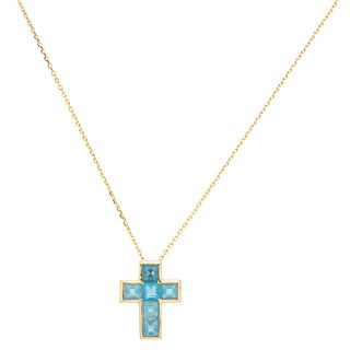 NECKLACE AND CROOS WITH TOPAZ. 14K YELLOW GOLD