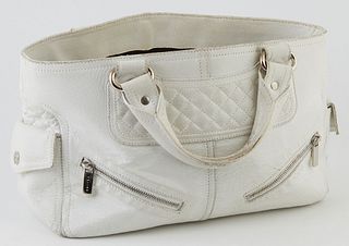 Celine White Grained Leather Boogie Handbag, the exterior with silver hardware, two small zip compartments on each corner, two butto...