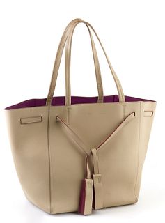 Celine Beige Smooth Calf Leather Shopping Tote, with front tastle accent straps, opening to a large purple leather interior with sid...