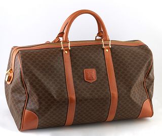 Celine Brown Macadam Coated Canvas Weekender Travel Bag, the exterior with brown leather accents, luggage tag and key in clochette, ...