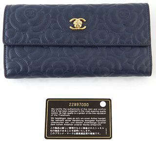 Chanel Navy Blue Camelia Embossed Leather Logo Flap Wallet, c