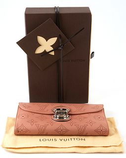 Louis Vuitton Old Rose Amelia Wallet, the calf leather monogram mahina with silver brass accent push lock buckle, opening to two car...