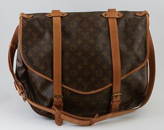 Louis Vuitton Brown Monogram Coated Canvas Saumur Double Straps Travel Bag, the exterior of the messenger bag with a double sided fl...