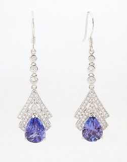 Pair of Platinum Art Deco Style Pendant Earrings, the open hook suspending three single diamond mounted links to a diamond mounted d...
