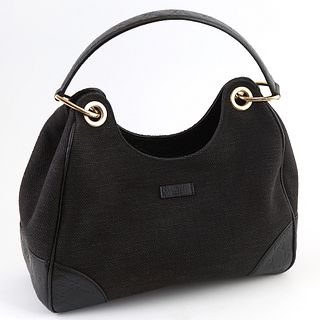 Gucci Black Canvas Colbert Hobo PM Shoulder Bag, with gold hardware, opening to a black canvas lined interior with a zip closure sid...