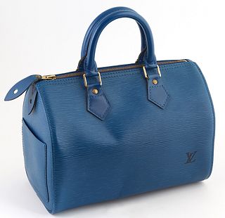 Louis Vuitton Blue Epi Leather 25 Speedy Handbag, with golden brass hardware, opening to a blue suede interior with small pocket and...