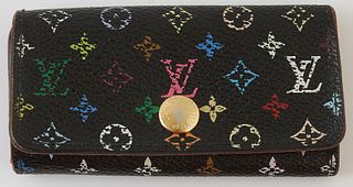 Louis Vuitton Black Murakami Edition 4 Key Holder, the coated canvas multicolor monogram with a golden brass accent snap, opening to...