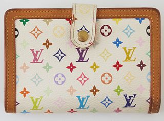 Louis Vuitton Limited Edition Murakami French Purse, the white multicolor monogram coated canvas with golden brass accents and vache...