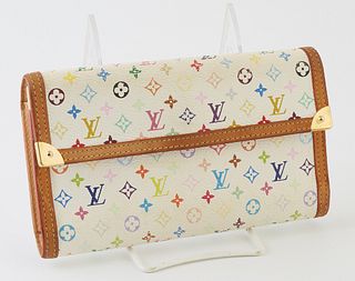 Louis Vuitton Limited Edition Murakami International Wallet, the white coated canvas with multicolor monogram, golden brass accents ...