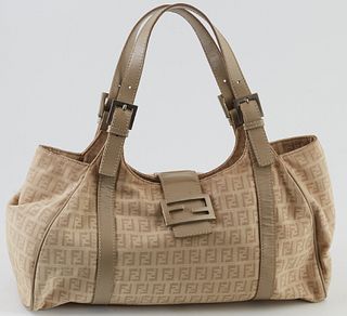 Fendi Beige Zucca Canvas Shoulder Tote, the adjustable beige leather straps with brushed silver hardware, the leather magnetic flap ...