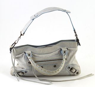 Balenciaga Light Blue Distressed Leather Arena First Shoulder Bag, the exterior with aged brass hardware and a side zip compartment ...