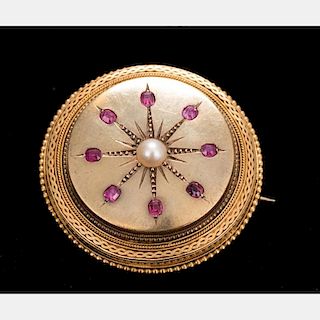 An 18kt. Yellow Gold, Ruby and Pearl Target Brooch, 20th Century.