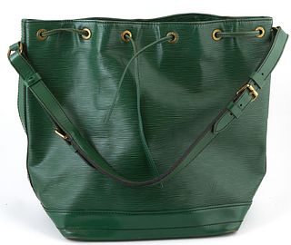 Louis Vuitton Noe Green GM Epi Leather Shoulder Bag, with black stitching and brass hardware, opening to a black suede interior with...