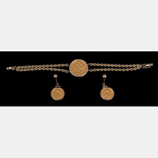 A 14kt. Yellow Gold Rope-Twisted Bracelet with an 1880 $5.00 Gold Liberty Head Coin.