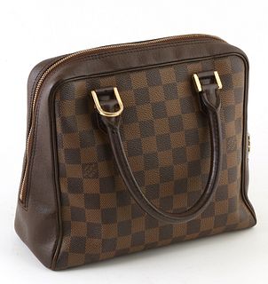 Louis Vuitton Brown Damier Ebene Coated Canvas Brera Handbag, the exterior with golden brass hardware, opening to a burnt umber sued...