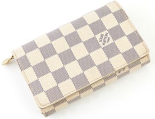 Louis Vuitton Porte-Tresor Zip 2 Wallet, the ivory damier azur coated canvas with golden brass accents, opening to five bill compart...