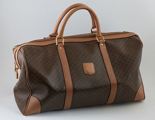 Celine Brown Macadam Coated Canvas 45 Weekender Travel Bag, the exterior with light brown leather accents and handles, including gol...