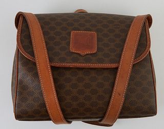 Celine Brown Macadam Coated Canvas Vintage Shoulder Flap Bag, with brown leather trimming, emblem and adjustable leather strap, open...