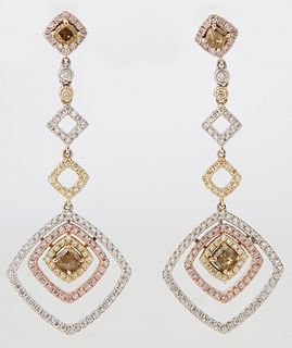 Pair of 14K White, Yellow and Rose Gold Pendant Earrings, each stud with a central princess cut yellow diamond, within a border of t...