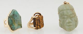 Three Pieces of Jewelry, consisting of an 14K yellow gold carved tigereye ring, signed by William Wight, size 4 1/2; an 18K yellow g...