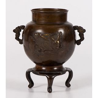 A Japanese Bronze Vase with Tripod Base and Rabbit Decoration