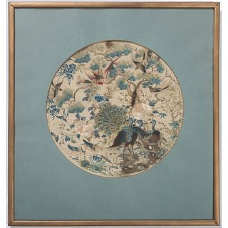 A Chinese Silk Panel with Peacocks