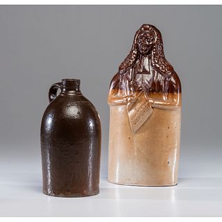An English Figural Flask and Redware Jug
