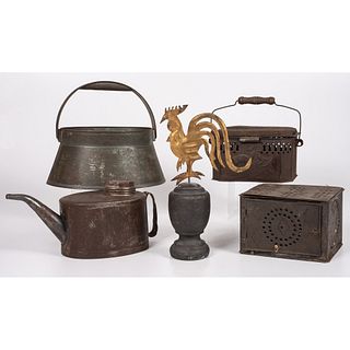 A Group of Tin Accessories and Sheet Metal Rooster