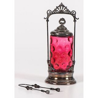 A Silverplate and Cranberry Glass Pickle Caster