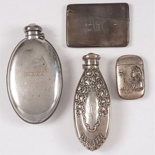 Two Sterling Flasks, A Match Safe and Card Case