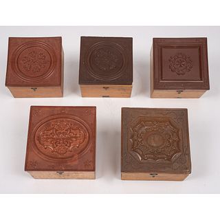 Five Collar Boxes with "Geometric" Designs, Including Four Rare Examples