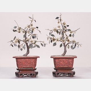 A Pair of Chinese Jade and Cinnabar Trees, 20th Century.