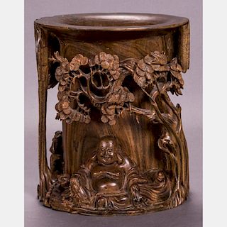 A Chinese Carved Elm Brush Pot, 20th Century.