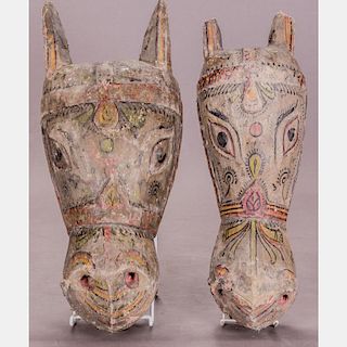 A Pair of Vintage Indian Carved and Polychrome Painted Horse Masks, 20th Century.