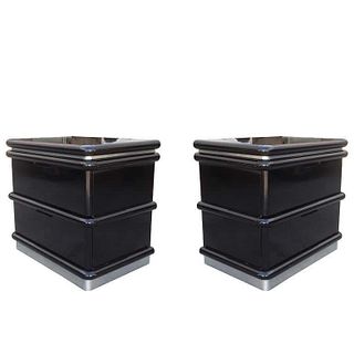 Jay Spectre Nightstands in Black Lacquer & Metal Plinth