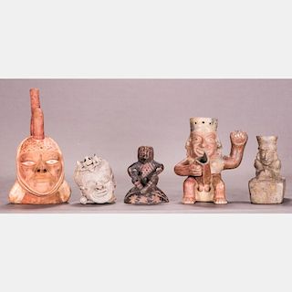 A Group of Five Pre-Columbian Style Earthenware Figural Form Vessels and Figures.