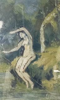 Louis Eilshemius Oil on Panel Nude in Landscape