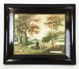 Jacob Maurer Watercolor Shepherd in Landscape