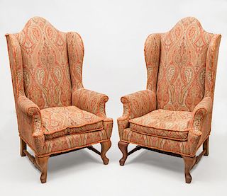 Pair of Queen Anne Style Paisley-Upholstered Wing Chairs