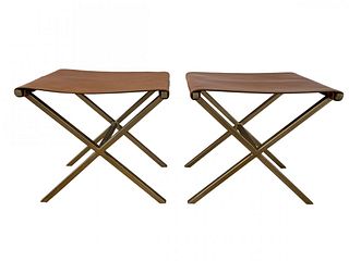 Pair of X frame Benches in Leather & Gold Tone Metal