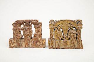Two Carved Wood Plaques, The Holy Family and Madonna and Child and Two Figures