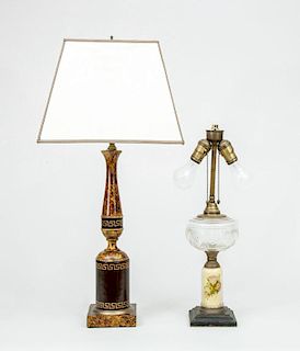 Leather and Faux Tortoiseshell Painted Lamp, and a Glass Oil Lamp
