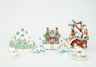 Six Staffordshire Articles and a Porcelain Sheep Group