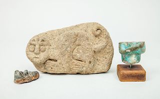 Relief-Carved Stone Fragment of a Cat, Small Bronze Head-Form Weight, and an Egyptian Turquoise-Glazed Ushabti Fragment