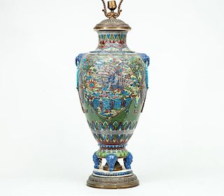 Relief-Decorated White Earthenware Vase, Mounted as a Lamp