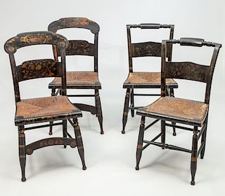 Two Pairs of American Black-Painted and Stenciled Fancy Chairs