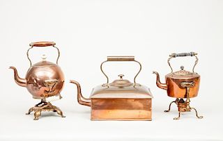 Two English Brass-Mounted Copper Kettles on Stands, and a Square Kettle