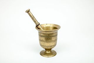 Continental Ringed Brass Footed Mortar and Associated Pestle