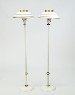 Pair of White Enamel Reeded Floor Lamps